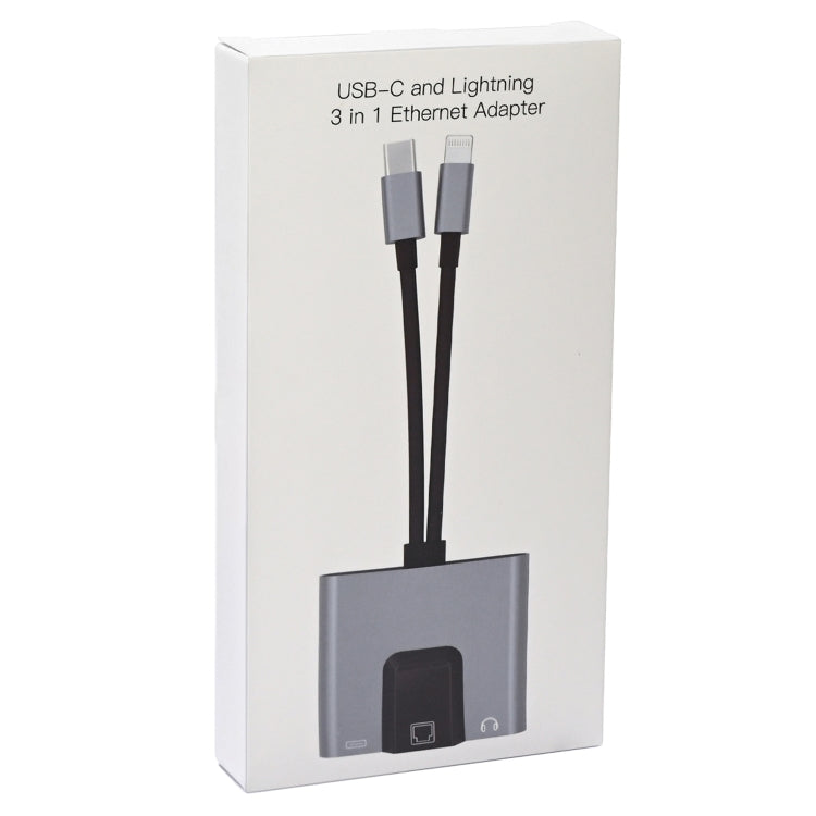 Bộ chuyển đổi 3 trong 1 NK-1056Pro 8 Pin + USB-C / Type-C đực sang 8 Pin sạc + Ethernet + tai nghe 3.5mm cái, NK-1056Pro