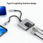 Bộ chuyển đổi 3 trong 1 NK-1056Pro 8 Pin + USB-C / Type-C đực sang 8 Pin sạc + Ethernet + tai nghe 3.5mm cái, NK-1056Pro