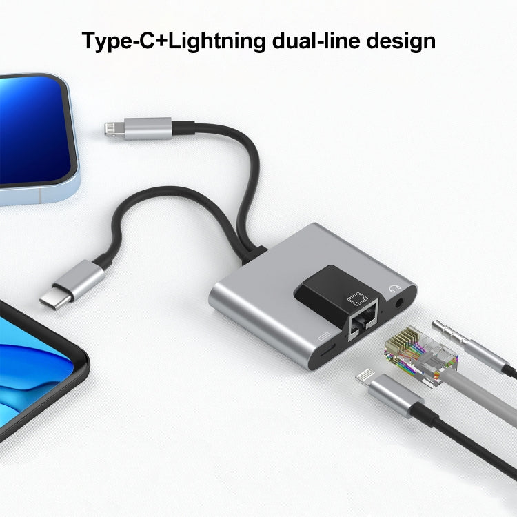 Bộ chuyển đổi 3 trong 1 NK-1056Pro 8 Pin + USB-C / Type-C đực sang 8 Pin sạc + Ethernet + tai nghe 3.5mm cái, NK-1056Pro
