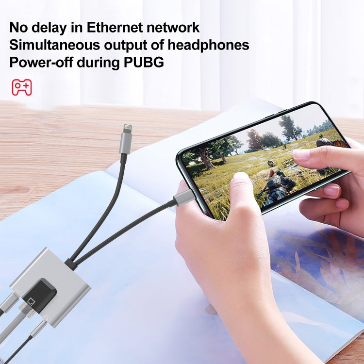 Bộ chuyển đổi 3 trong 1 NK-1056Pro 8 Pin + USB-C / Type-C đực sang 8 Pin sạc + Ethernet + tai nghe 3.5mm cái, NK-1056Pro