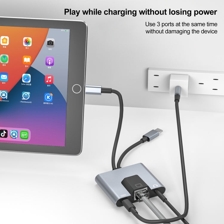 Bộ chuyển đổi 3 trong 1 NK-1056Pro 8 Pin + USB-C / Type-C đực sang 8 Pin sạc + Ethernet + tai nghe 3.5mm cái, NK-1056Pro