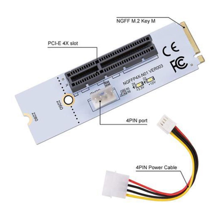 Bộ chuyển đổi khe cắm khai thác card đồ họa NGFF M.2 Key M sang PCI-E 1X / 4X / 8X / 16X với LED & cáp nguồn 4 chân, VER003 kèm cáp nguồn 4 chân