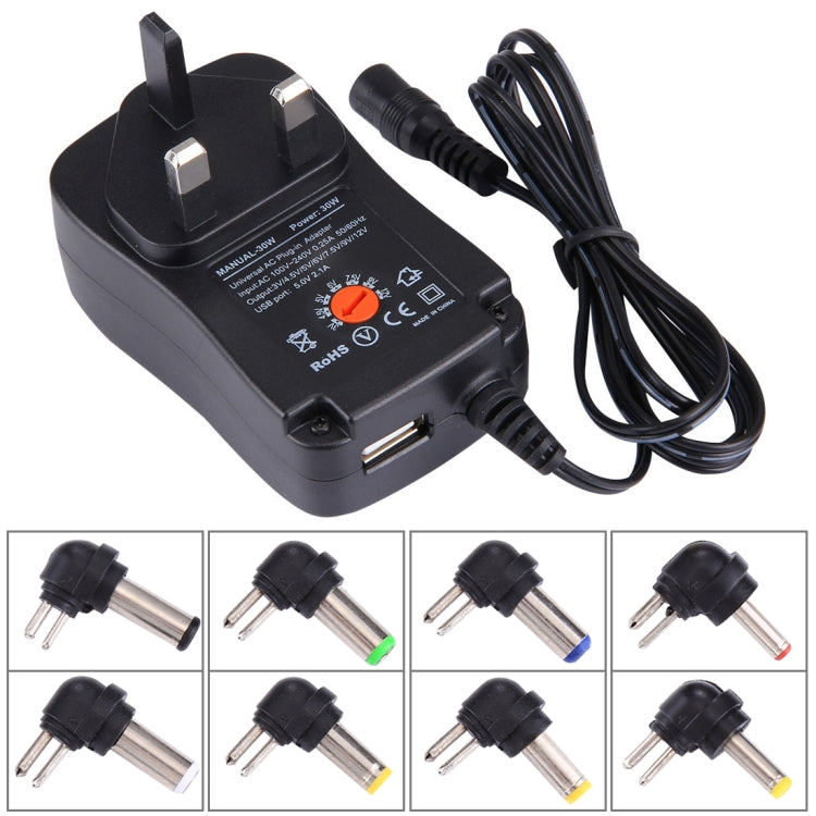 Bộ chuyển đổi nguồn cắm tường 30W chuẩn UK với cổng USB 5V 2.1A, đầu tip: 8 cái, chiều dài cáp: khoảng 1.2m, chuẩn cắm UK