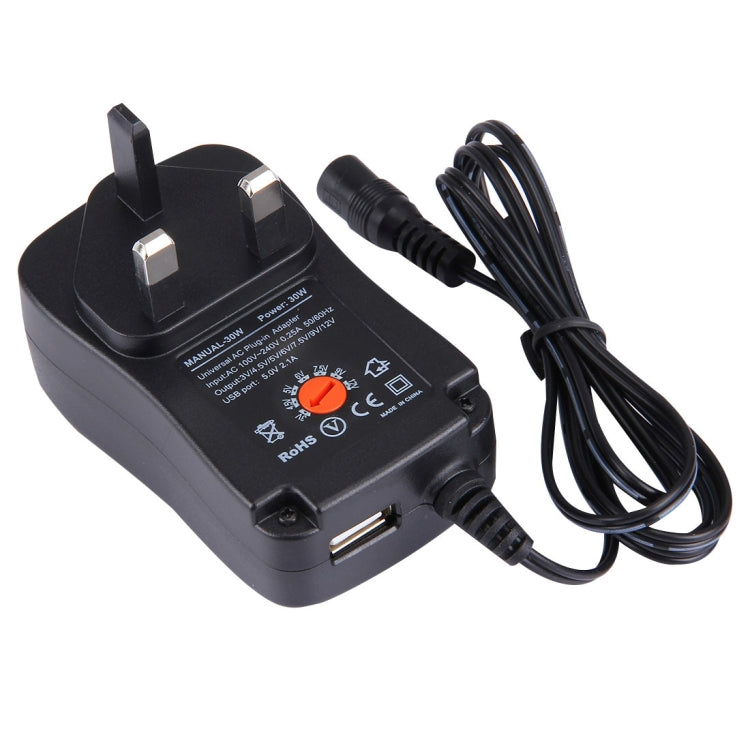 Bộ chuyển đổi nguồn cắm tường 30W chuẩn UK với cổng USB 5V 2.1A, đầu tip: 8 cái, chiều dài cáp: khoảng 1.2m, chuẩn cắm UK