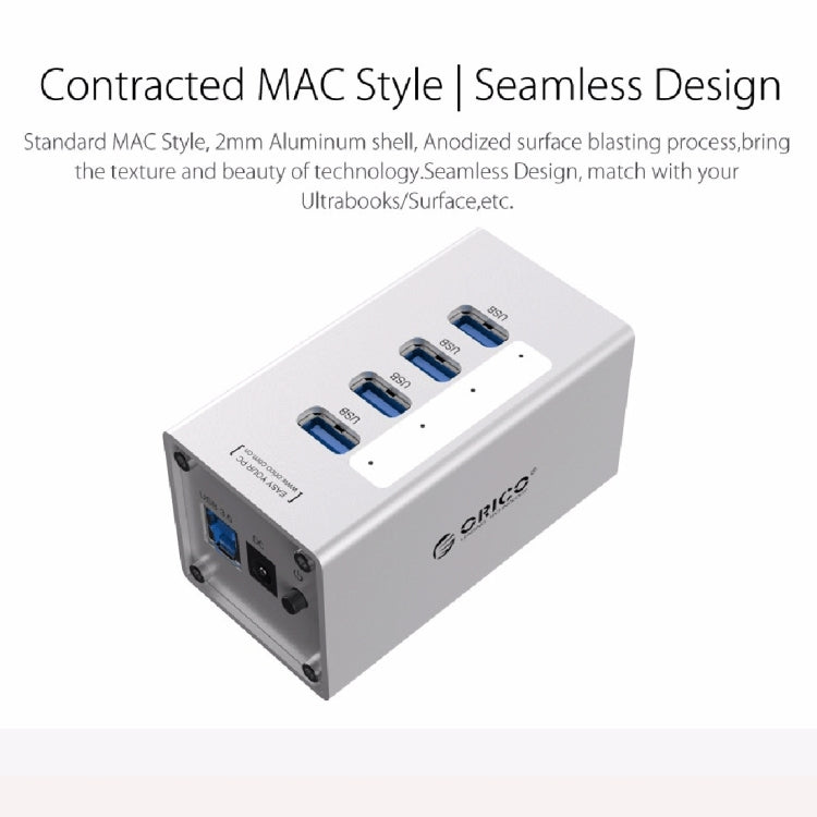 Bộ chia USB 3.0 4 cổng ORICO A3H4 nhôm tốc độ cao với nguồn 12V/2.5A cho laptop, 4 cổng (Bạc)