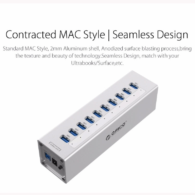 ORICO A3H10 Bộ chia USB 3.0 10 cổng bằng nhôm tốc độ cao với bộ nguồn cho laptop, 10 cổng (Bạc), 10 cổng (Đen)