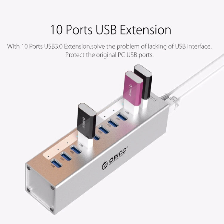 ORICO A3H10 Bộ chia USB 3.0 10 cổng bằng nhôm tốc độ cao với bộ nguồn cho laptop, 10 cổng (Bạc), 10 cổng (Đen)
