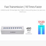 ORICO A3H10 Bộ chia USB 3.0 10 cổng bằng nhôm tốc độ cao với bộ nguồn cho laptop, 10 cổng (Bạc), 10 cổng (Đen)