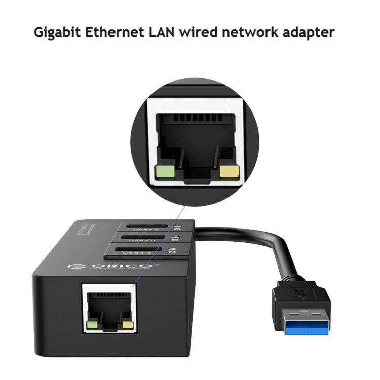 ORICO HR01-U3 Bộ chia USB3.0 3 cổng bằng nhựa ABS với card mạng Ethernet Gigabit RJ45 ngoài 5 Gbps cho laptop / máy tính để bàn / Ultrabook, v.v.
