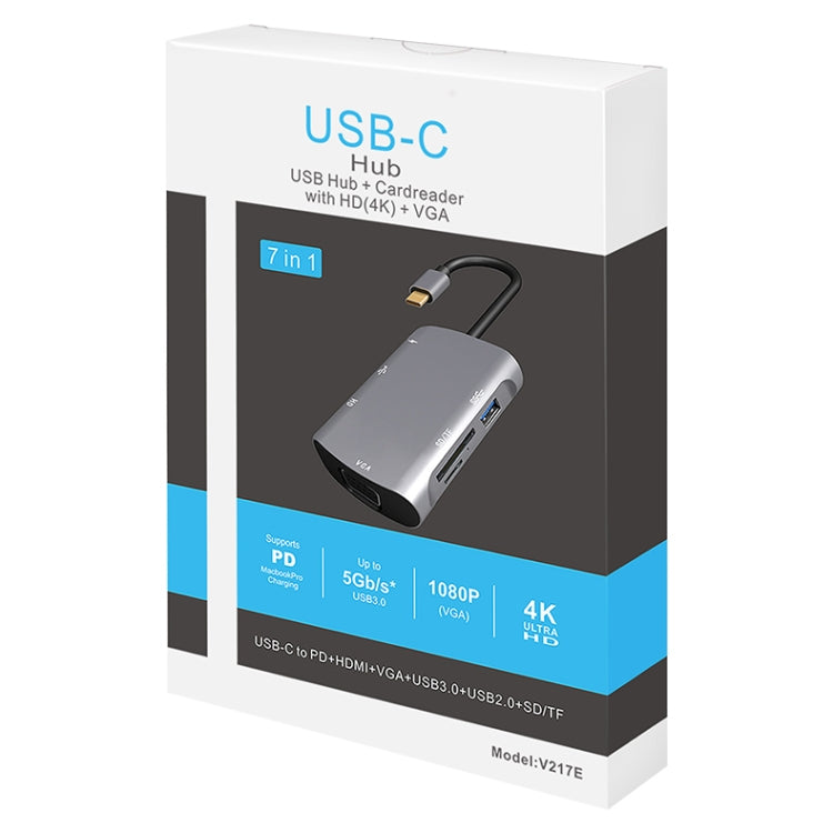Đế kết nối đa chức năng V217E 7 trong 1 Type C / USB-C sang PD + HDMI + VGA + USB3.0 + UB2.0 + SD / TF, Type-C / USB-C HUB, PD+HDMI+VGA+USB3.0+UB2.0+SD / TF