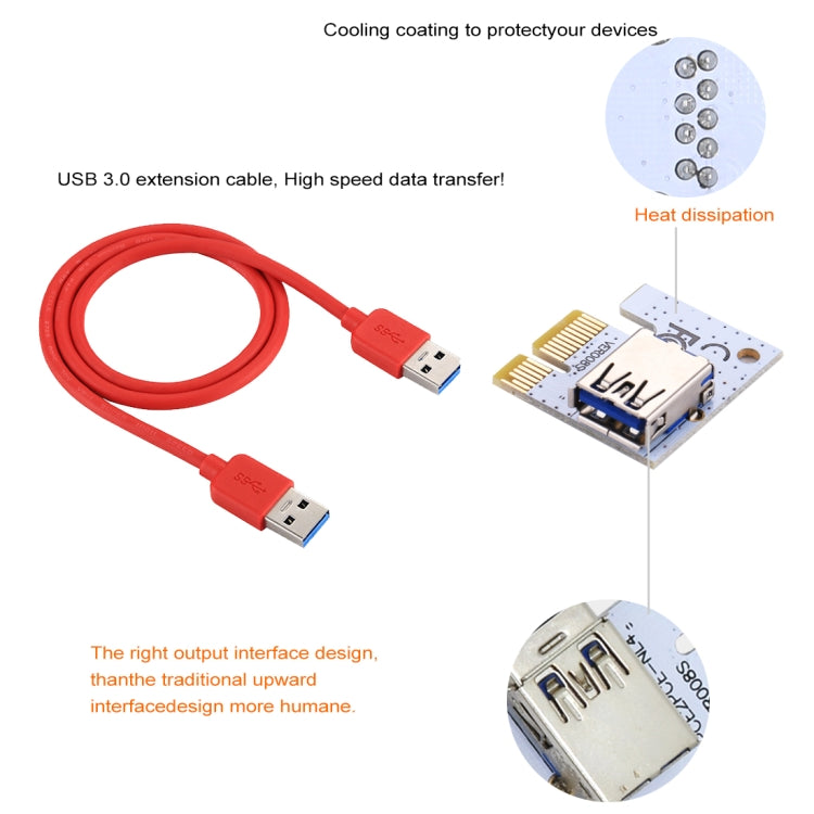 Card mở rộng PCI-E USB 3.0 PCE164P-N06 VER008S từ 1x sang 16x PCI-E, Adapter nguồn SATA 15 chân, nguồn 6 chân + 4 chân, cáp USB 60cm, VER008S màu đỏ