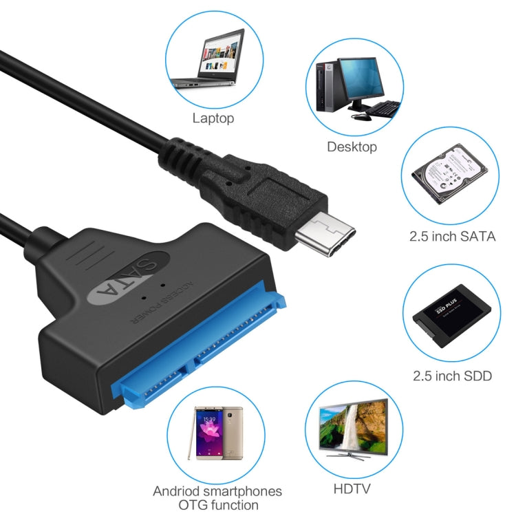 Cáp chuyển đổi dữ liệu USB-C / Type-C 3.1 đực sang SATA (15 chân + 7 chân) HDD, Chiều dài: 20cm, Type-C sang SATA