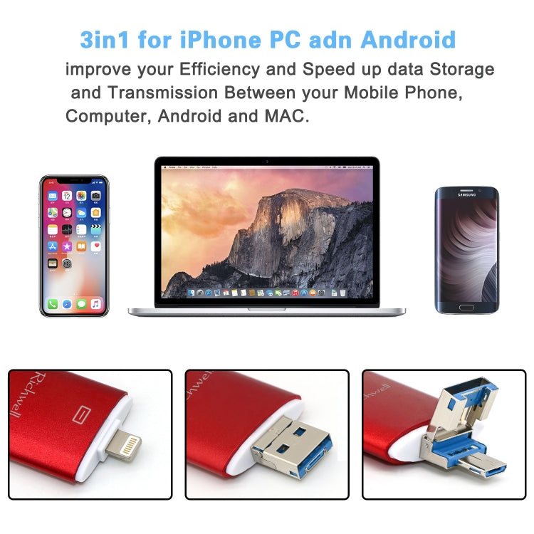 Ổ đĩa flash kim loại đẩy-kéo Richwell 3 trong 1 128G Type-C + 8 Pin + USB 3.0 vỏ đôi với chức năng OTG