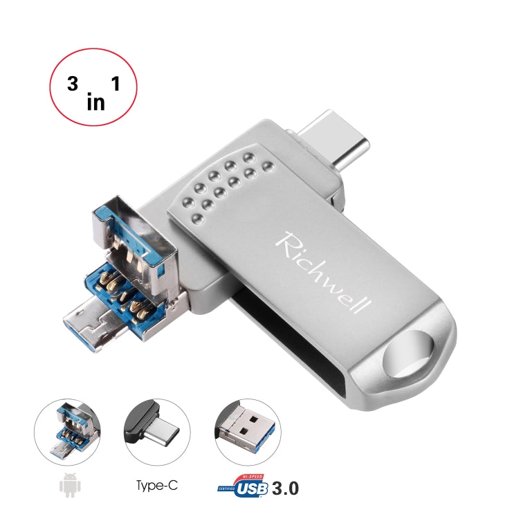 Richwell 3 trong 1 16G Type-C + Micro USB + USB 3.0 Ổ đĩa flash kim loại với chức năng OTG