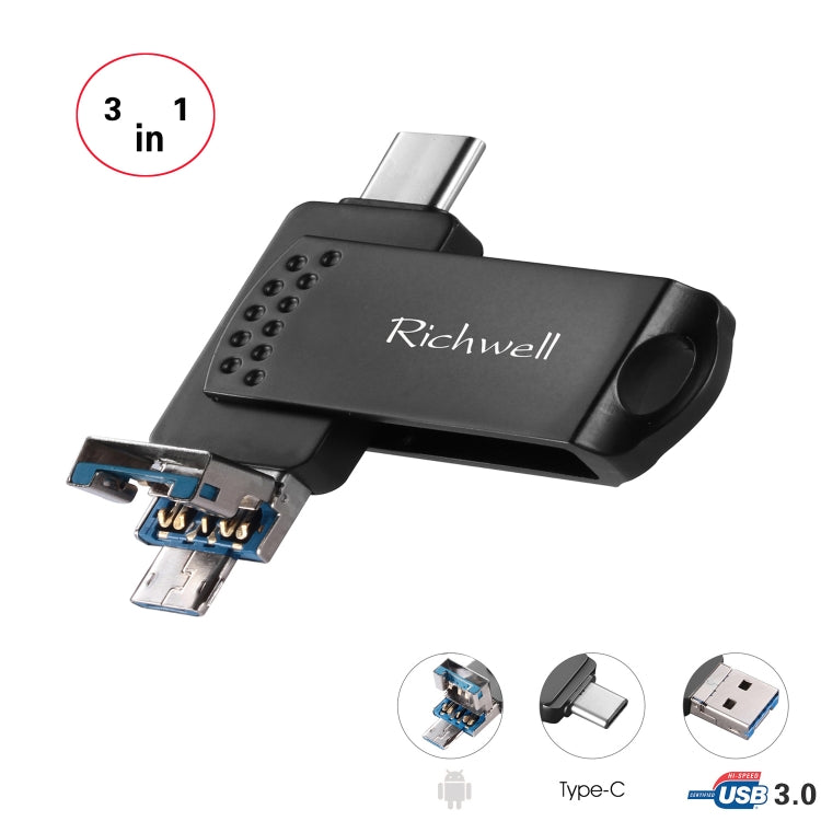 Richwell 3 trong 1 128G Type-C + Micro USB + USB 3.0 Ổ đĩa flash kim loại với chức năng OTG