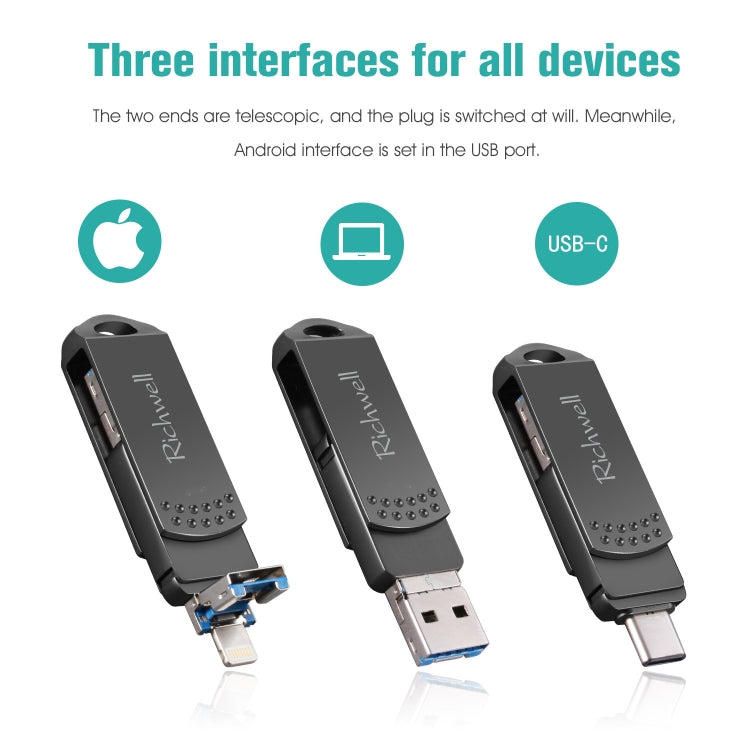 Richwell 32G Type-C + 8 Pin + USB 3.0 Ổ đĩa flash kim loại với chức năng OTG