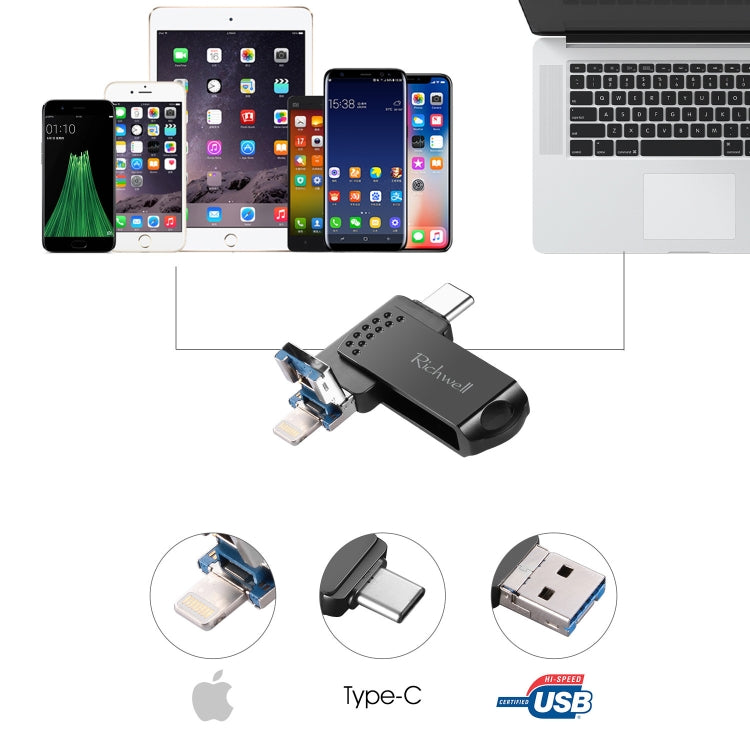 Richwell 128G Type-C + 8 Pin + USB 3.0 Ổ đĩa flash kim loại với chức năng OTG