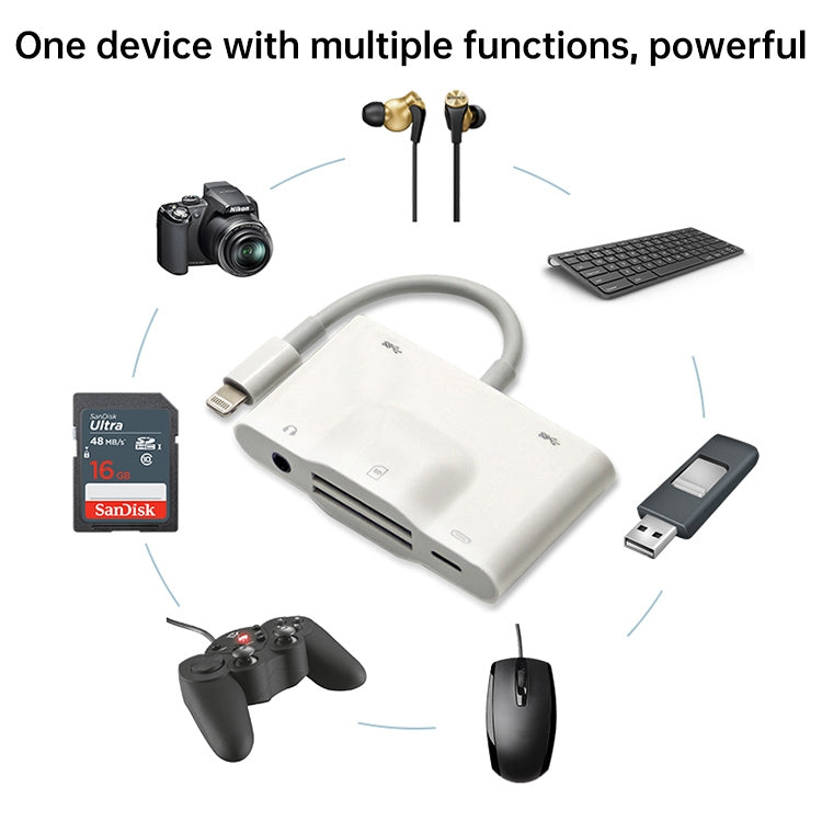 NK-1042 Bộ chuyển đổi camera 6 trong 1 8 Pin đực sang USB kép + thẻ SD kép + giao diện âm thanh 3.5mm + cổng sạc 8 Pin cái