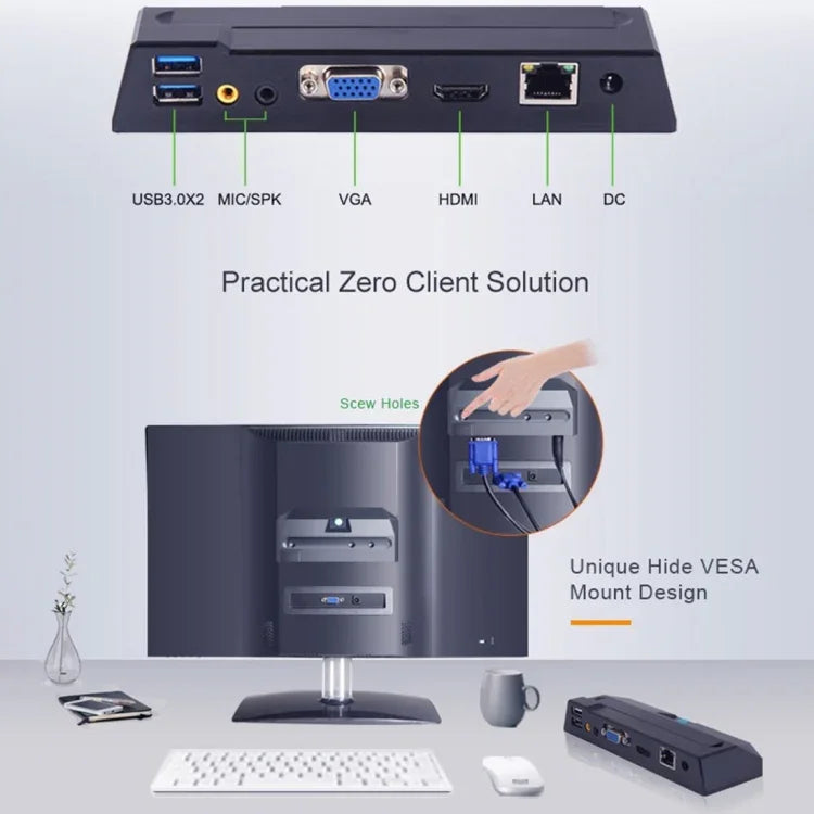Zero Client R1W Mini PC, CORTEX QUAD A9 bốn nhân lên đến 1.6GHz, RAM: 1GB, ROM: 8GB, Hỗ trợ WiFi, HDMI, VGA, RJ45, SPK, Phiên bản WiFi
