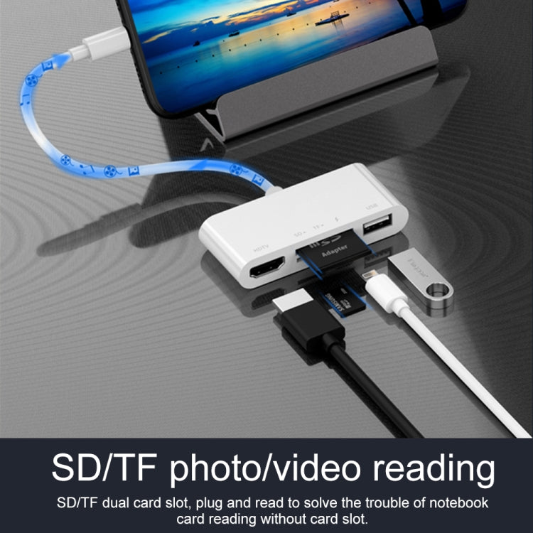 Bộ chuyển đổi video HD 75215 5 trong 1 8 chân sang HDMI + khe cắm thẻ SD + khe cắm thẻ TF + USB + cổng sạc 8 chân, 75215
