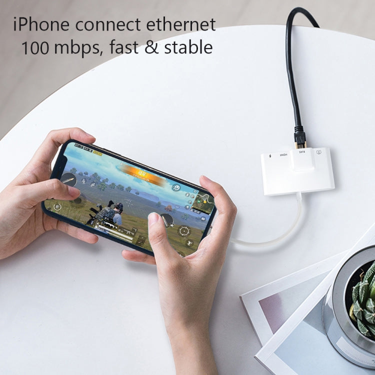 Bộ chuyển đổi AV kỹ thuật số OTG 4 trong 1 8 chân đực sang nguồn 8 chân + Ethernet RJ45 + HDMI + camera USB cái, Ethernet RJ45