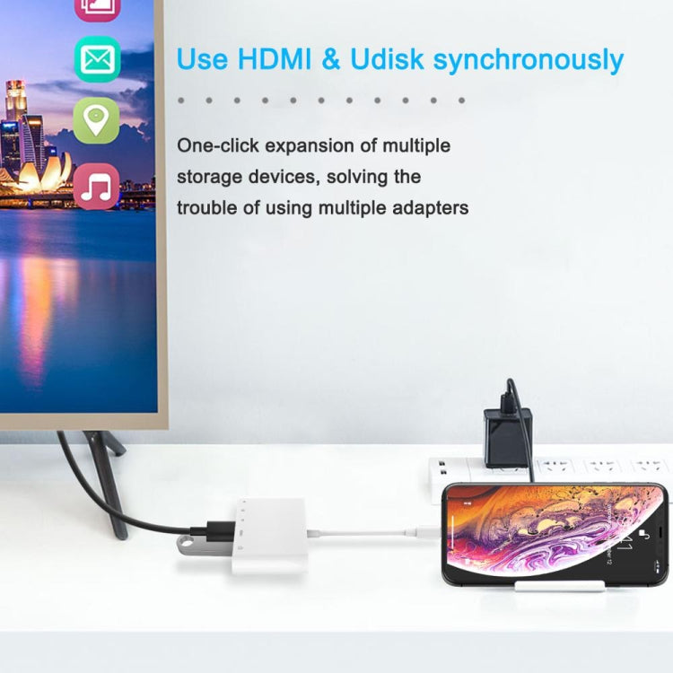 Bộ chuyển đổi AV kỹ thuật số OTG 5 trong 1 8 chân đực sang USB + HDMI + khe cắm thẻ TF / SD + nguồn 8 chân cái, khe cắm thẻ TF / SD