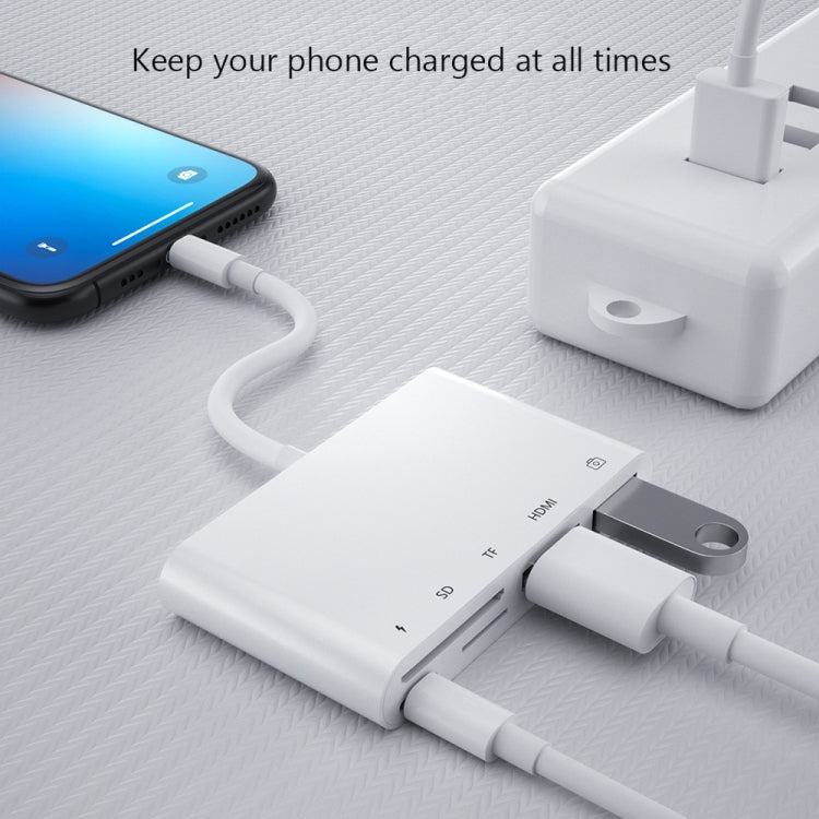 Bộ chuyển đổi AV kỹ thuật số OTG 5 trong 1 8 chân đực sang USB + HDMI + khe cắm thẻ TF / SD + nguồn 8 chân cái, khe cắm thẻ TF / SD