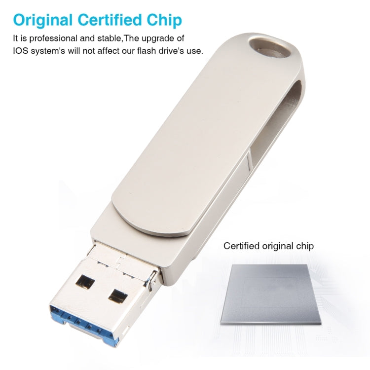 Ổ đĩa flash kim loại xoay 3 trong 1 64G Micro USB + 8 Pin + Type-C có chức năng OTG, 64G USB + 8 Pin + Type-C