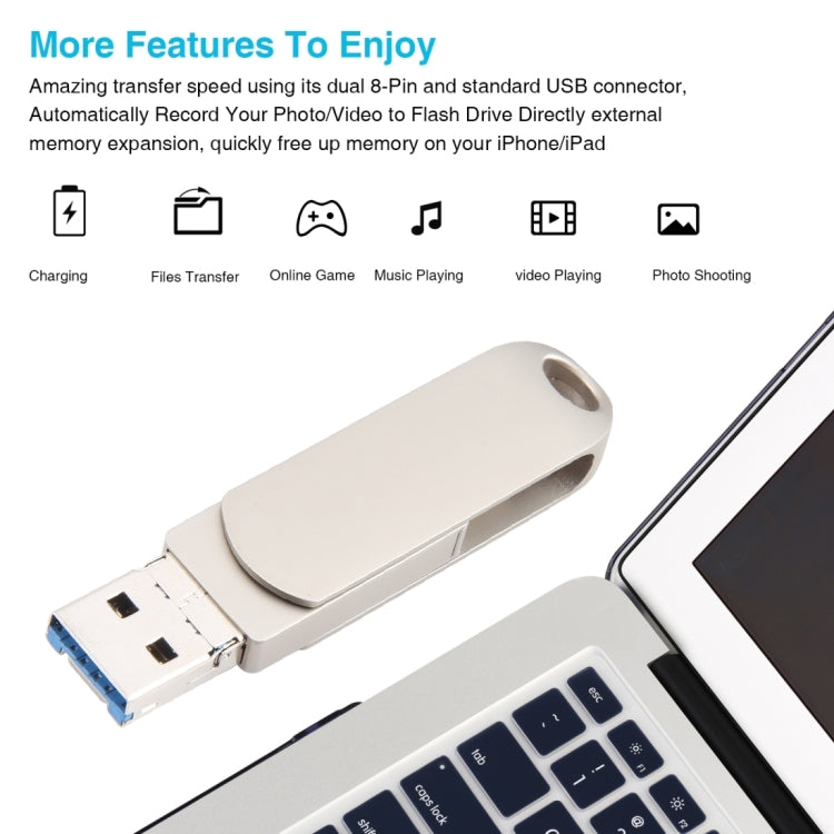 Ổ đĩa flash kim loại xoay 3 trong 1 64G Micro USB + 8 Pin + Type-C có chức năng OTG, 64G USB + 8 Pin + Type-C