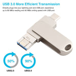 Ổ đĩa flash kim loại xoay 3 trong 1 64G Micro USB + 8 Pin + Type-C có chức năng OTG, 64G USB + 8 Pin + Type-C