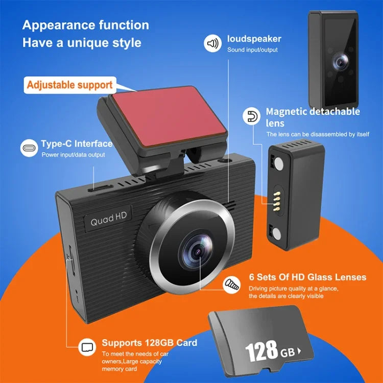 X12 Máy ghi hình lái xe WiFi 2K Ultra HD toàn cảnh ba kênh, Hỗ trợ APP di động, X12