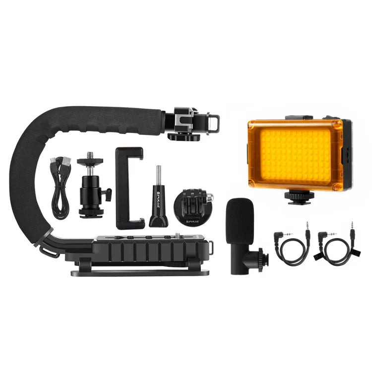 Bộ giá đỡ cầm tay DV hình chữ U/C PULUZ + Đèn LED studio + Bộ micro shotgun video với đầu chân lạnh cho tất cả máy ảnh SLR và máy quay DV gia đình, Bộ giá đỡ + Mic + LED