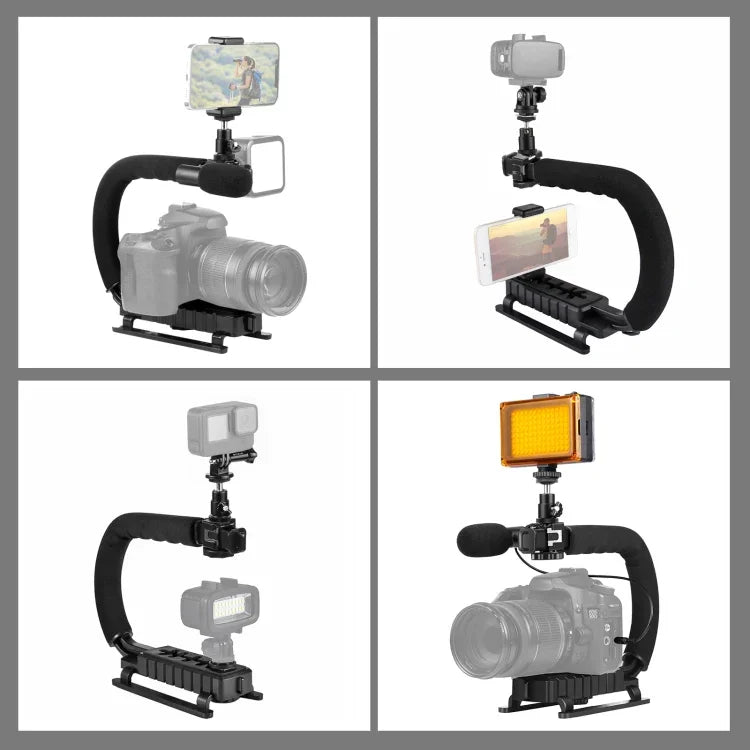 Bộ giá đỡ cầm tay DV hình chữ U/C PULUZ + Đèn LED studio + Bộ micro shotgun video với đầu chân lạnh cho tất cả máy ảnh SLR và máy quay DV gia đình, Bộ giá đỡ + Mic + LED