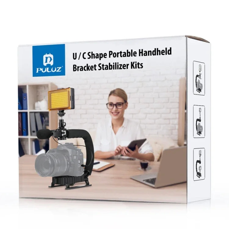 Bộ giá đỡ cầm tay DV hình chữ U/C PULUZ + Đèn LED studio + Bộ micro shotgun video với đầu chân lạnh cho tất cả máy ảnh SLR và máy quay DV gia đình, Bộ giá đỡ + Mic + LED