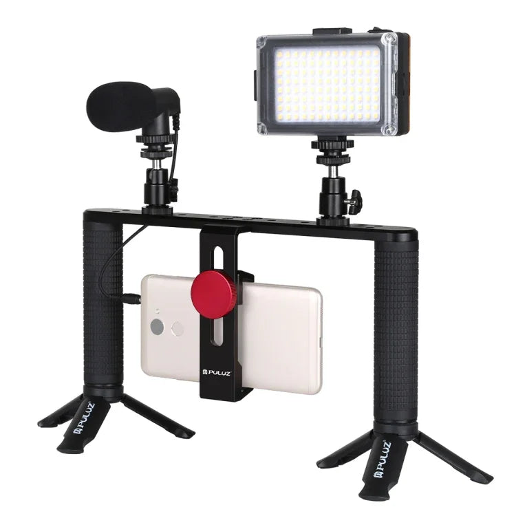 Bộ dụng cụ quay video trực tiếp Vlogging 4 trong 1 PULUZ với đèn LED selfie, tay cầm ổn định giá đỡ bằng nhôm, micro, giá đỡ chân máy và đầu chân máy Cold Shoe, Bộ dụng cụ giá đỡ bằng nhôm