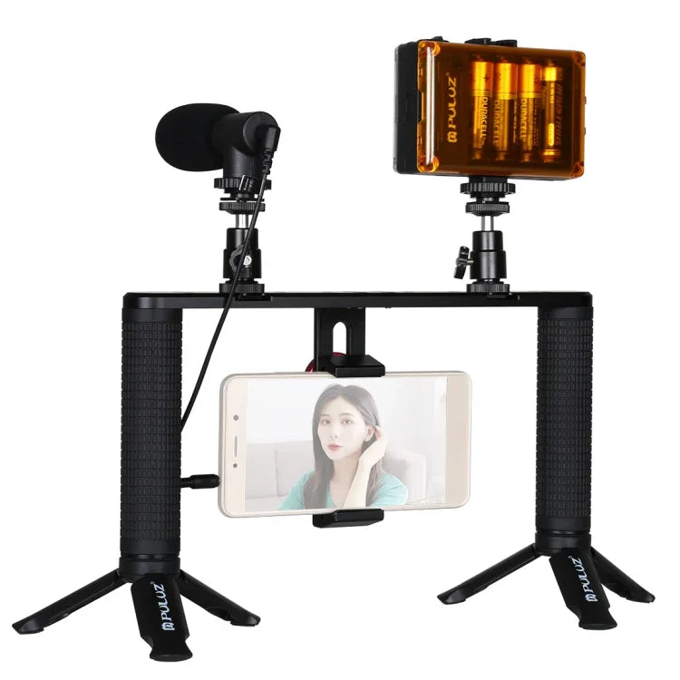 Bộ dụng cụ quay video trực tiếp Vlogging 4 trong 1 PULUZ với đèn LED selfie, tay cầm ổn định giá đỡ bằng nhôm, micro, giá đỡ chân máy và đầu chân máy Cold Shoe, Bộ dụng cụ giá đỡ bằng nhôm