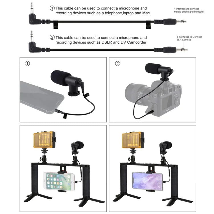Bộ dụng cụ quay video trực tiếp Vlogging 4 trong 1 PULUZ với đèn LED selfie, tay cầm ổn định giá đỡ bằng nhôm, micro, giá đỡ chân máy và đầu chân máy Cold Shoe, Bộ dụng cụ giá đỡ bằng nhôm