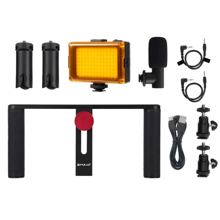 Bộ dụng cụ quay video trực tiếp Vlogging 4 trong 1 PULUZ với đèn LED selfie, tay cầm ổn định giá đỡ bằng nhôm, micro, giá đỡ chân máy và đầu chân máy Cold Shoe, Bộ dụng cụ giá đỡ bằng nhôm