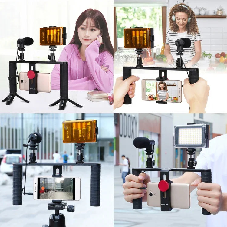 Bộ dụng cụ quay video trực tiếp Vlogging 4 trong 1 PULUZ với đèn LED selfie, tay cầm ổn định giá đỡ bằng nhôm, micro, giá đỡ chân máy và đầu chân máy Cold Shoe, Bộ dụng cụ giá đỡ bằng nhôm