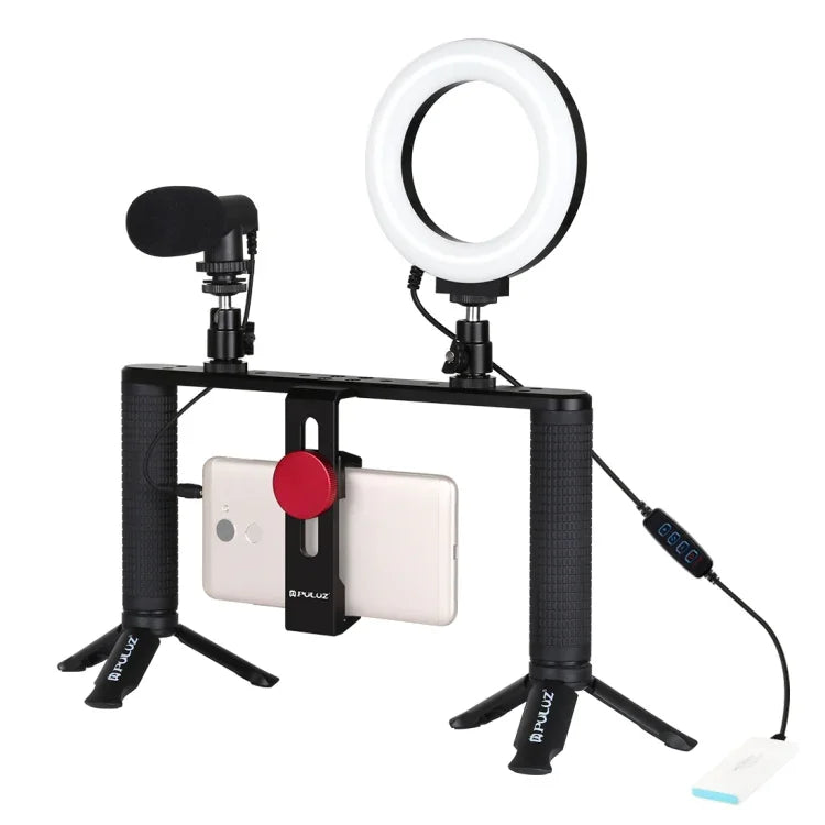 Bộ dụng cụ quay video trực tiếp Vlogging 4 trong 1 PULUZ với đèn LED selfie vòng 4,7 inch 12cm, tay cầm ổn định giá đỡ bằng nhôm, micro, giá đỡ chân máy và đầu chân máy Cold Shoe, Bộ dụng cụ giá đỡ bằng nhôm với đèn LED vòng