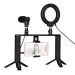 Bộ dụng cụ quay video trực tiếp Vlogging 4 trong 1 PULUZ với đèn LED selfie vòng 4,7 inch 12cm, tay cầm ổn định giá đỡ bằng nhôm, micro, giá đỡ chân máy và đầu chân máy Cold Shoe, Bộ dụng cụ giá đỡ bằng nhôm với đèn LED vòng