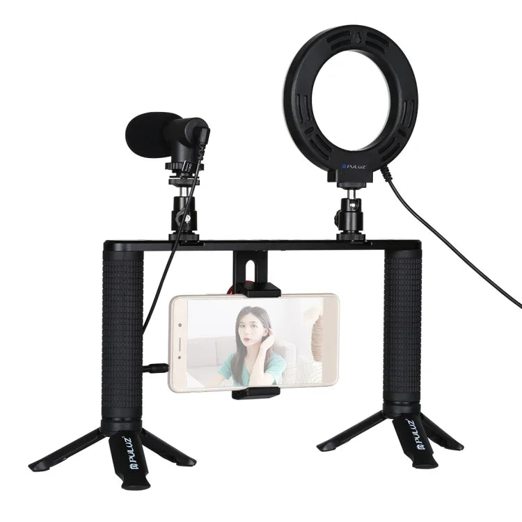 Bộ dụng cụ quay video trực tiếp Vlogging 4 trong 1 PULUZ với đèn LED selfie vòng 4,7 inch 12cm, tay cầm ổn định giá đỡ bằng nhôm, micro, giá đỡ chân máy và đầu chân máy Cold Shoe, Bộ dụng cụ giá đỡ bằng nhôm với đèn LED vòng