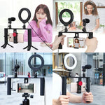 Bộ dụng cụ quay video trực tiếp Vlogging 4 trong 1 PULUZ với đèn LED selfie vòng 4,7 inch 12cm, tay cầm ổn định giá đỡ bằng nhôm, micro, giá đỡ chân máy và đầu chân máy Cold Shoe, Bộ dụng cụ giá đỡ bằng nhôm với đèn LED vòng