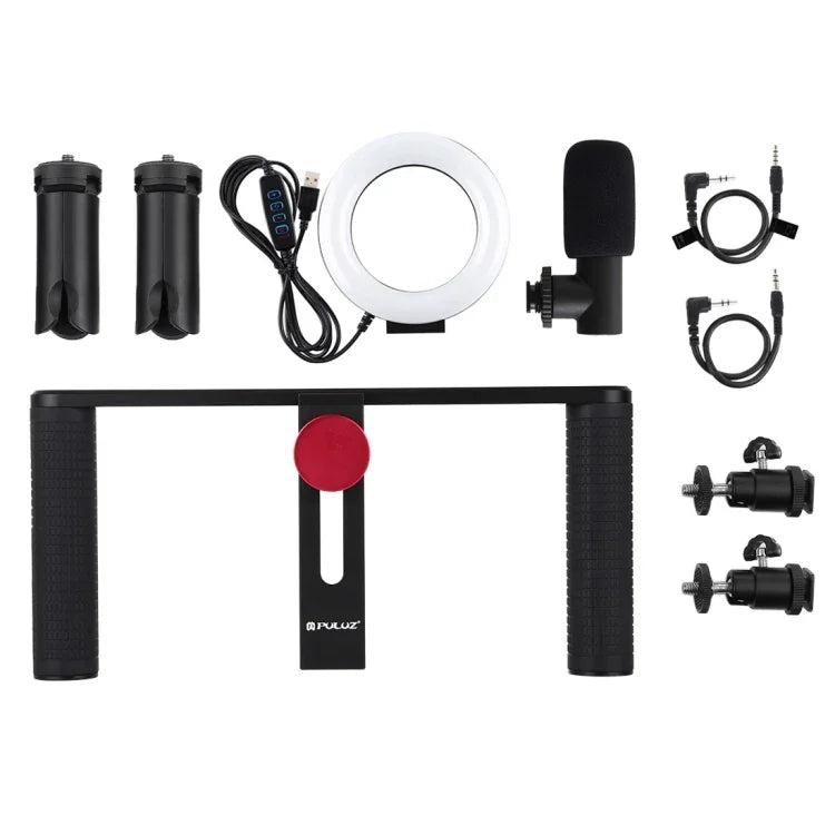 Bộ dụng cụ quay video trực tiếp Vlogging 4 trong 1 PULUZ với đèn LED selfie vòng 4,7 inch 12cm, tay cầm ổn định giá đỡ bằng nhôm, micro, giá đỡ chân máy và đầu chân máy Cold Shoe, Bộ dụng cụ giá đỡ bằng nhôm với đèn LED vòng