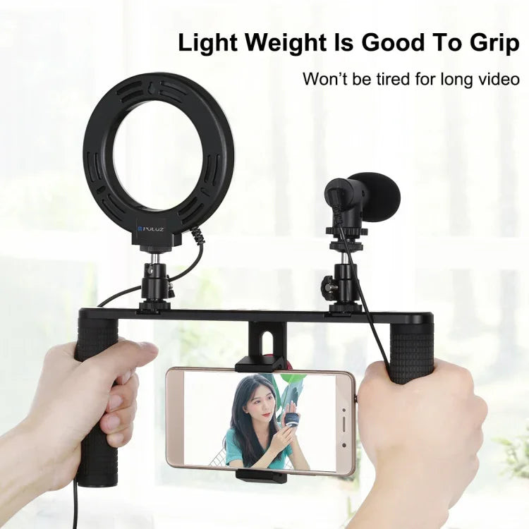 Bộ dụng cụ quay video trực tiếp Vlogging 4 trong 1 PULUZ với đèn LED selfie vòng 4,7 inch 12cm, tay cầm ổn định giá đỡ bằng nhôm, micro, giá đỡ chân máy và đầu chân máy Cold Shoe, Bộ dụng cụ giá đỡ bằng nhôm với đèn LED vòng