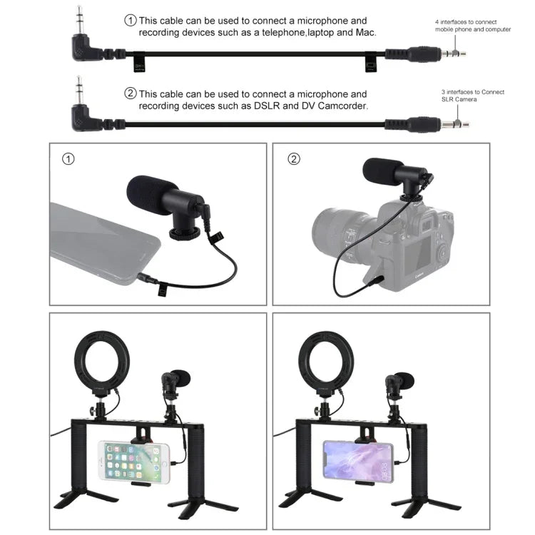 Bộ dụng cụ quay video trực tiếp Vlogging 4 trong 1 PULUZ với đèn LED selfie vòng 4,7 inch 12cm, tay cầm ổn định giá đỡ bằng nhôm, micro, giá đỡ chân máy và đầu chân máy Cold Shoe, Bộ dụng cụ giá đỡ bằng nhôm với đèn LED vòng