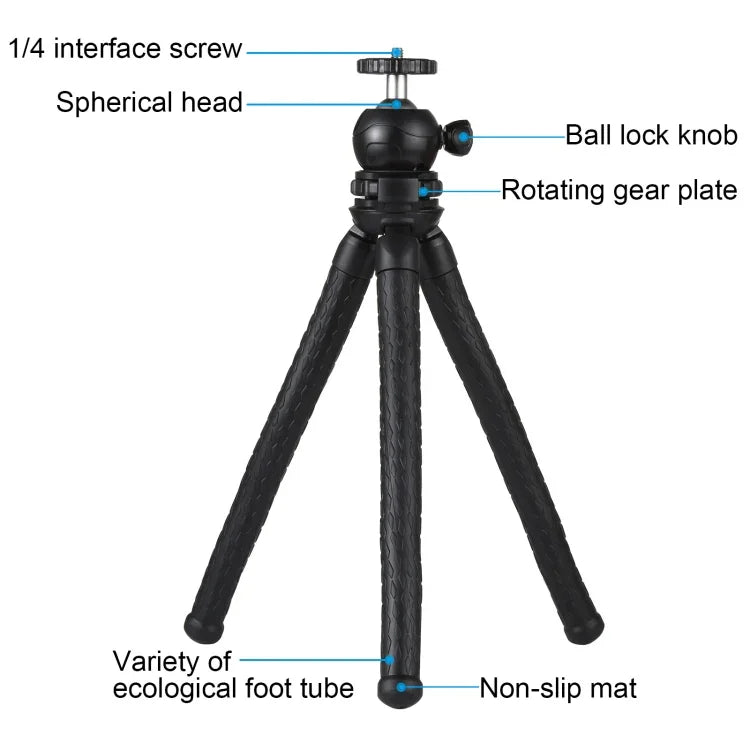 PULUZ Mini Octopus Flexible Tripod Holder with Ball Head & Phone Clamp + Tripod Mount Adapter & Long Screw for SLR Cameras, DJI, Insta360, GoPro and Other Action Cameras, Cellphone, Size: 30cmx5cm, 30cm Tripod + Phone Clamp