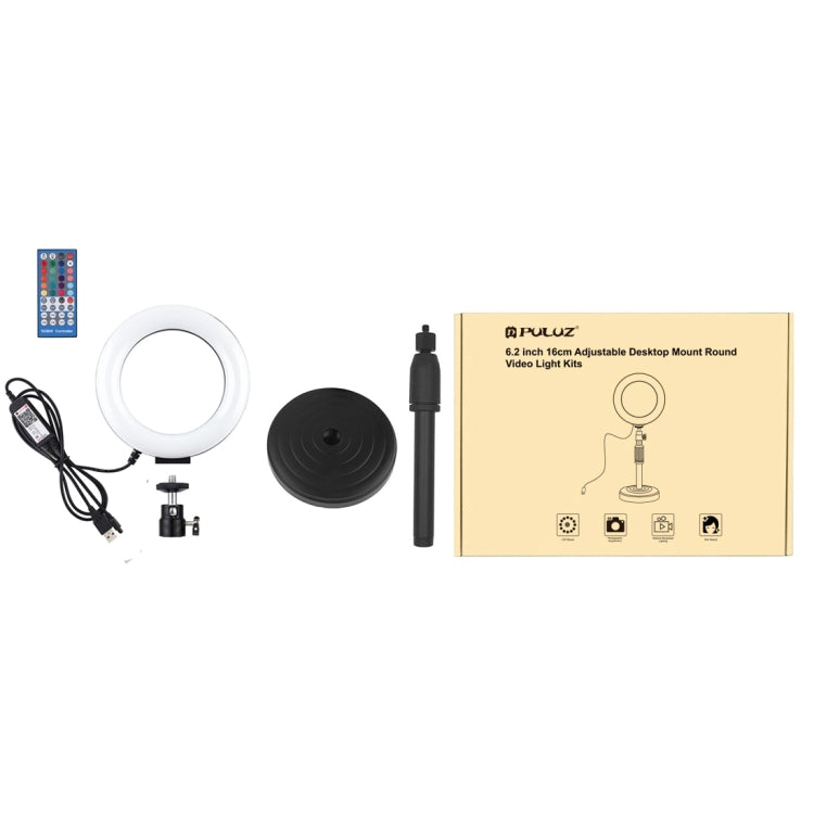 Đèn LED vòng RGBW 6.2 inch 16cm PULUZ + đế tròn để bàn có thể điều chỉnh độ sáng qua USB, đèn vlog chụp ảnh quay video kèm chân tripod cold shoe và điều khiển từ xa, gắn bàn + RGBW 6.2 inch / điều khiển từ xa