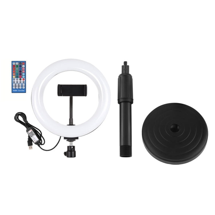Đèn LED vòng cong PULUZ 7.9 inch 20cm RGBW + đế tròn để bàn có thể điều chỉnh độ sáng, nhiệt độ màu kép, đèn quay video tự sướng vlog kèm kẹp điện thoại, 7.9 inch + đế tròn