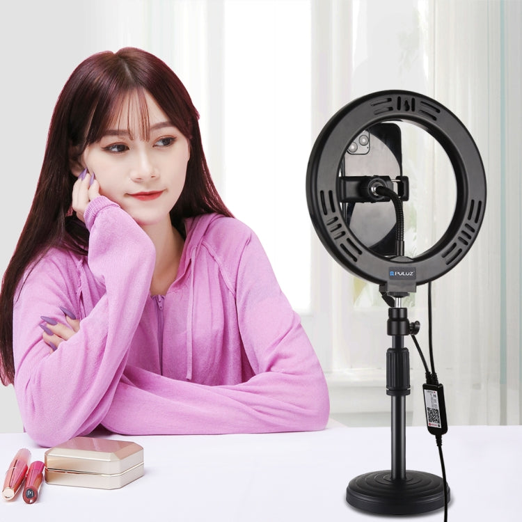 Đèn LED vòng cong PULUZ 7.9 inch 20cm RGBW + đế tròn để bàn có thể điều chỉnh độ sáng, nhiệt độ màu kép, đèn quay video tự sướng vlog kèm kẹp điện thoại, 7.9 inch + đế tròn